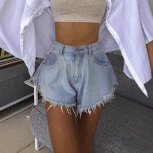 Women's Elastic Waist Fur Edge Umbrella Denim Shorts
